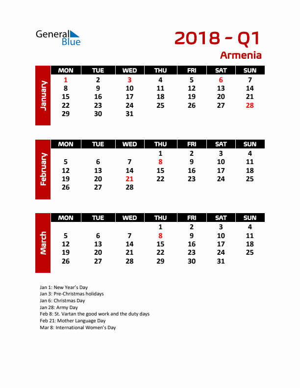 Q1 2018 Calendar with Holidays in Armenia