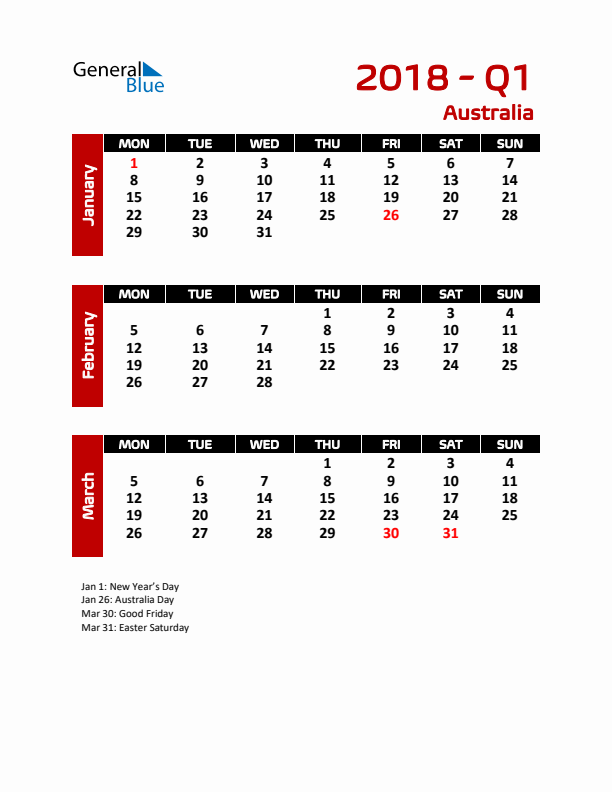 Q1 2018 Calendar with Holidays in Australia