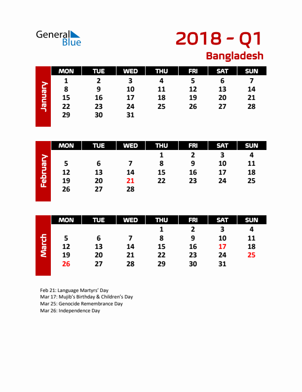 Q1 2018 Calendar with Holidays in Bangladesh