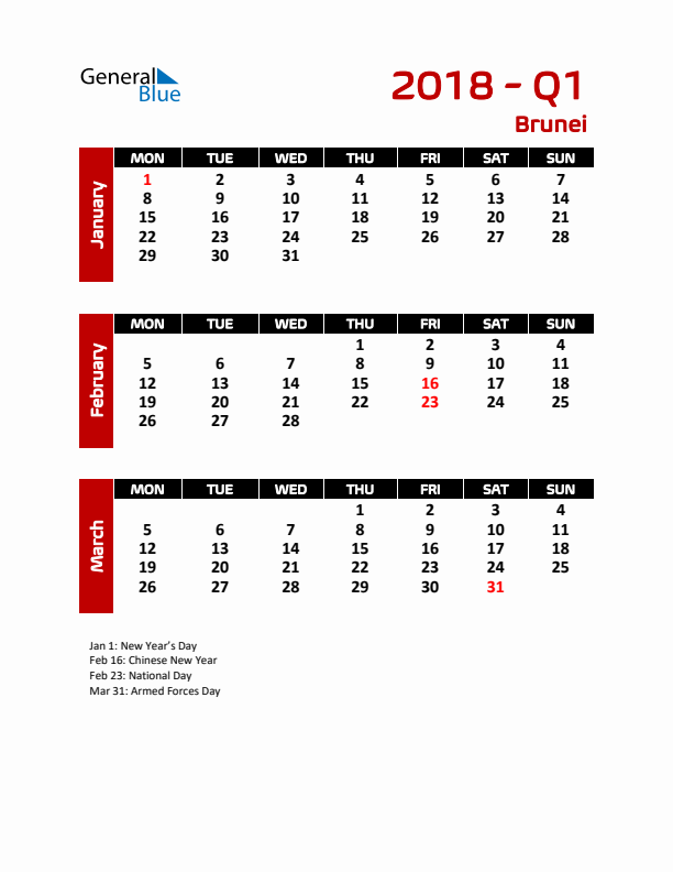 Q1 2018 Calendar with Holidays in Brunei