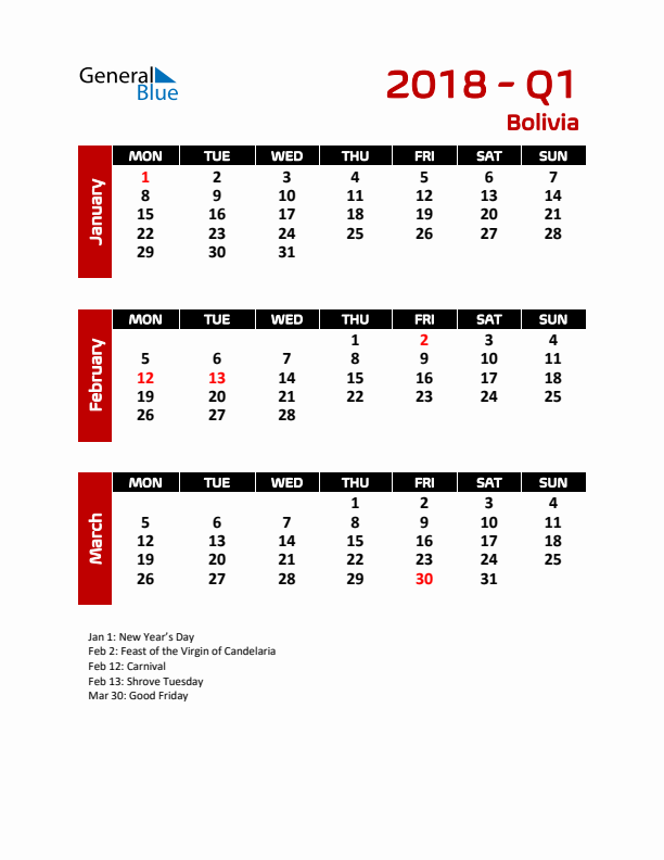 Q1 2018 Calendar with Holidays in Bolivia