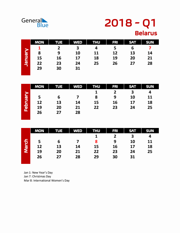 Q1 2018 Calendar with Holidays in Belarus