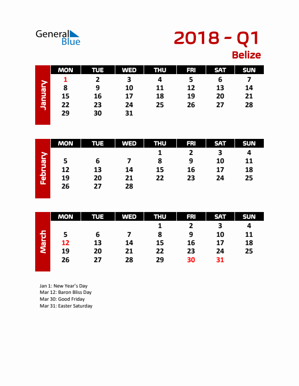 Q1 2018 Calendar with Holidays in Belize