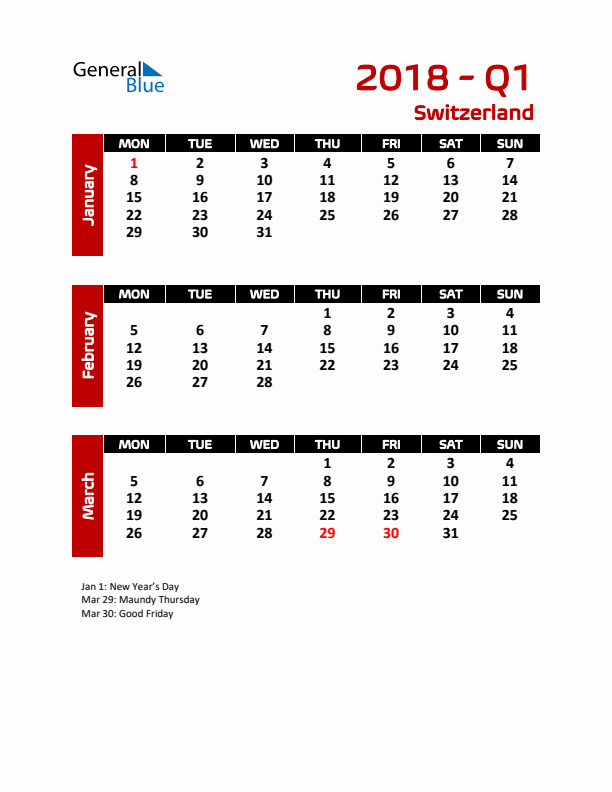 Q1 2018 Calendar with Holidays in Switzerland