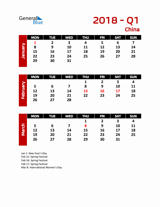 Q1 2018 Calendar with Holidays in China