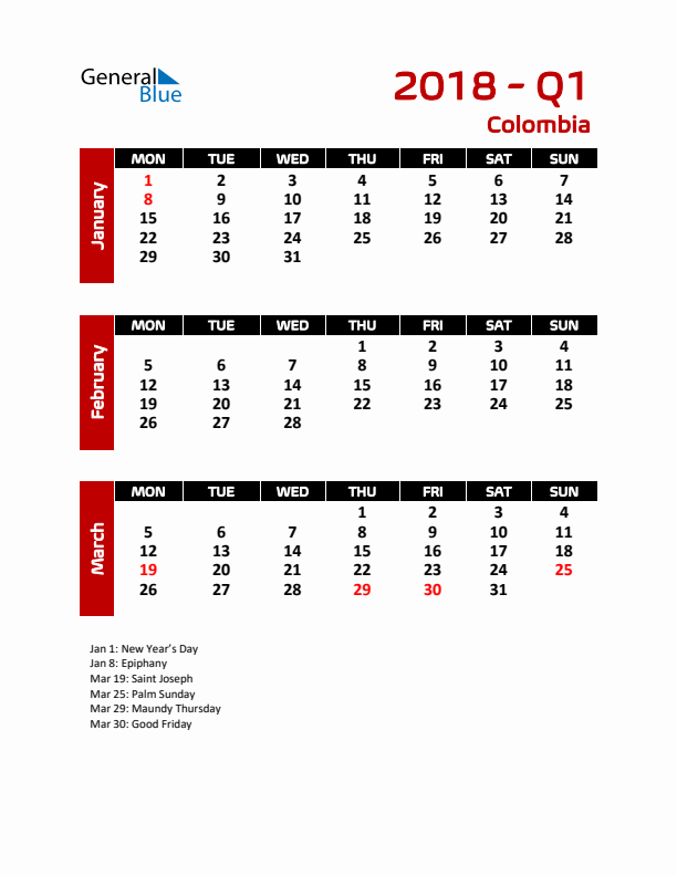 Q1 2018 Calendar with Holidays in Colombia