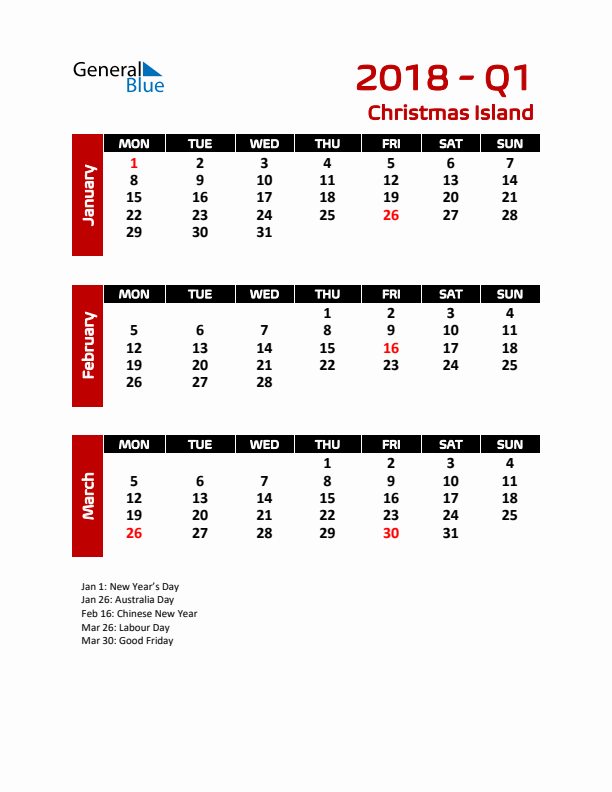 Q1 2018 Calendar with Holidays in Christmas Island