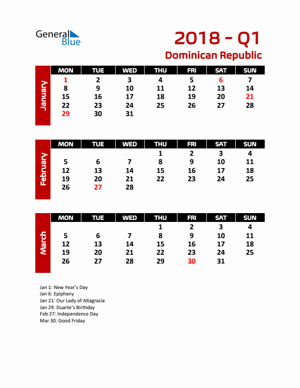 Q1 2018 Calendar with Holidays in Dominican Republic