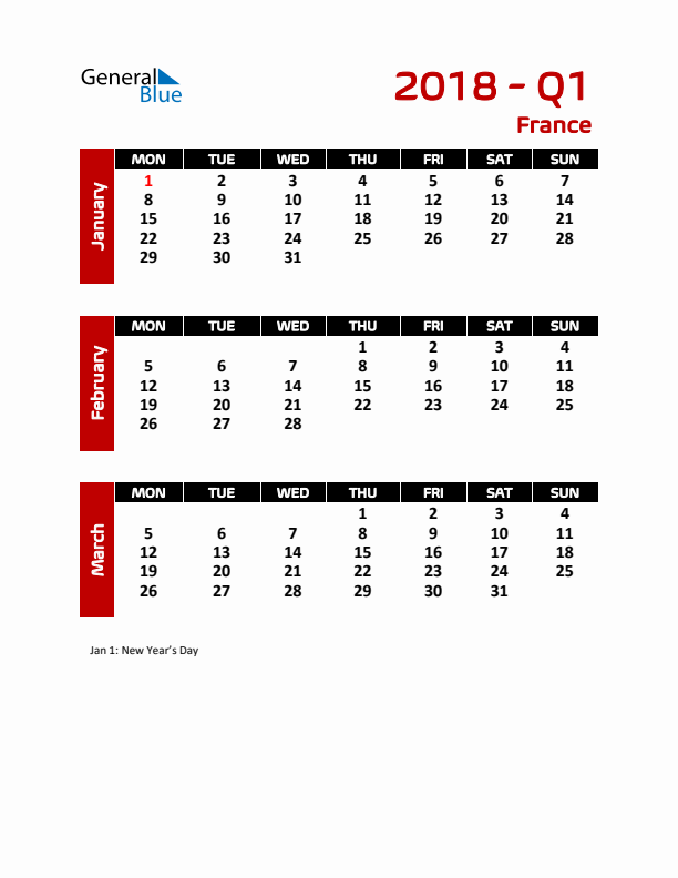 Q1 2018 Calendar with Holidays in France