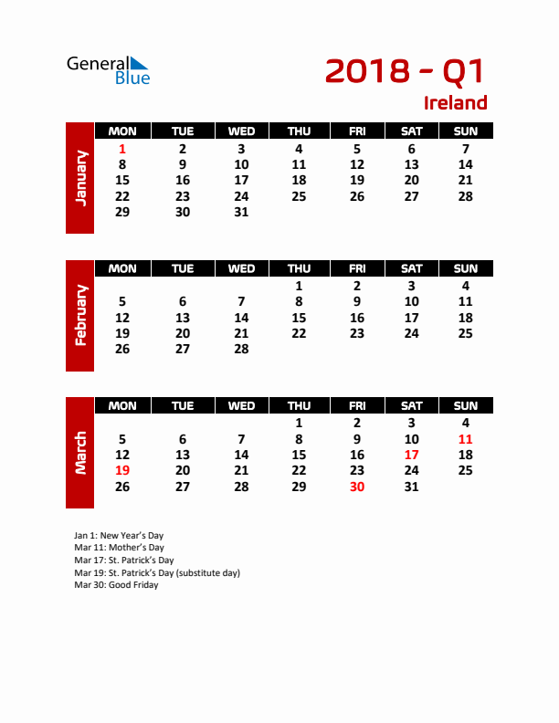 Q1 2018 Calendar with Holidays in Ireland