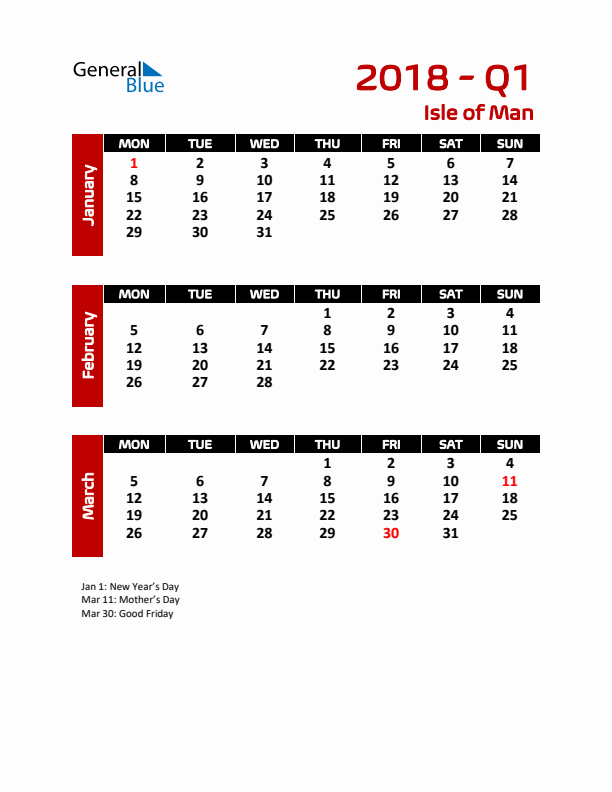 Q1 2018 Calendar with Holidays in Isle of Man