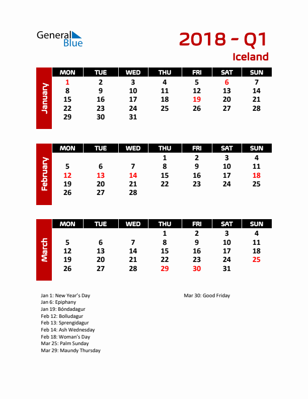 Q1 2018 Calendar with Holidays in Iceland