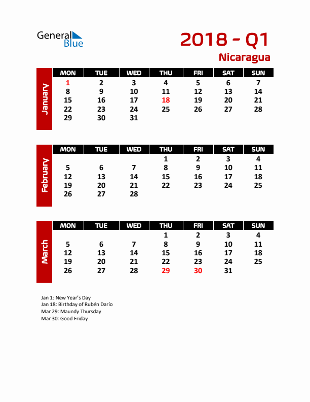 Q1 2018 Calendar with Holidays in Nicaragua