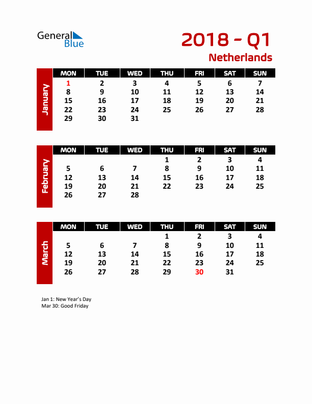 Q1 2018 Calendar with Holidays in The Netherlands