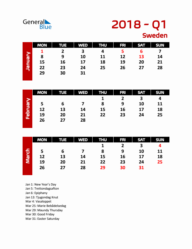 Q1 2018 Calendar with Holidays in Sweden