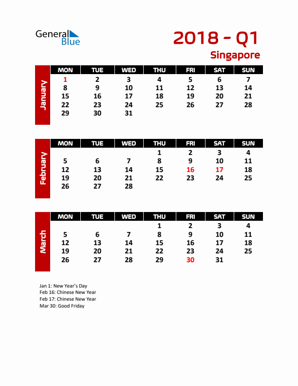 Q1 2018 Calendar with Holidays in Singapore