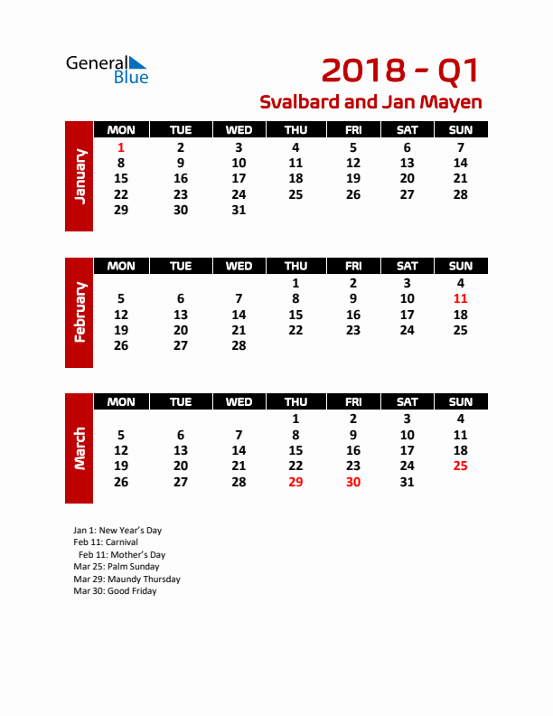 Q1 2018 Calendar with Holidays in Svalbard and Jan Mayen