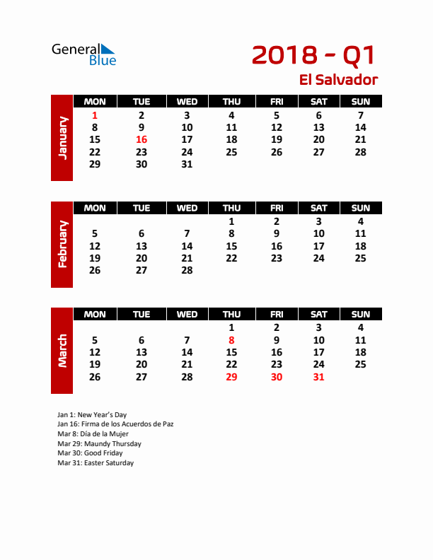 Q1 2018 Calendar with Holidays in El Salvador