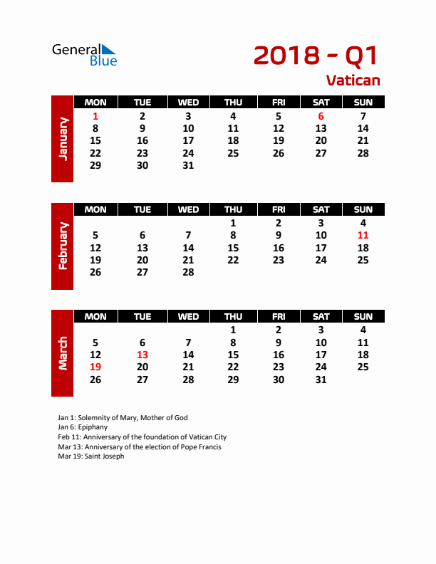 Q1 2018 Calendar with Holidays in Vatican