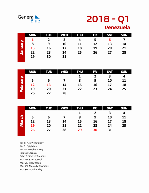 Q1 2018 Calendar with Holidays in Venezuela