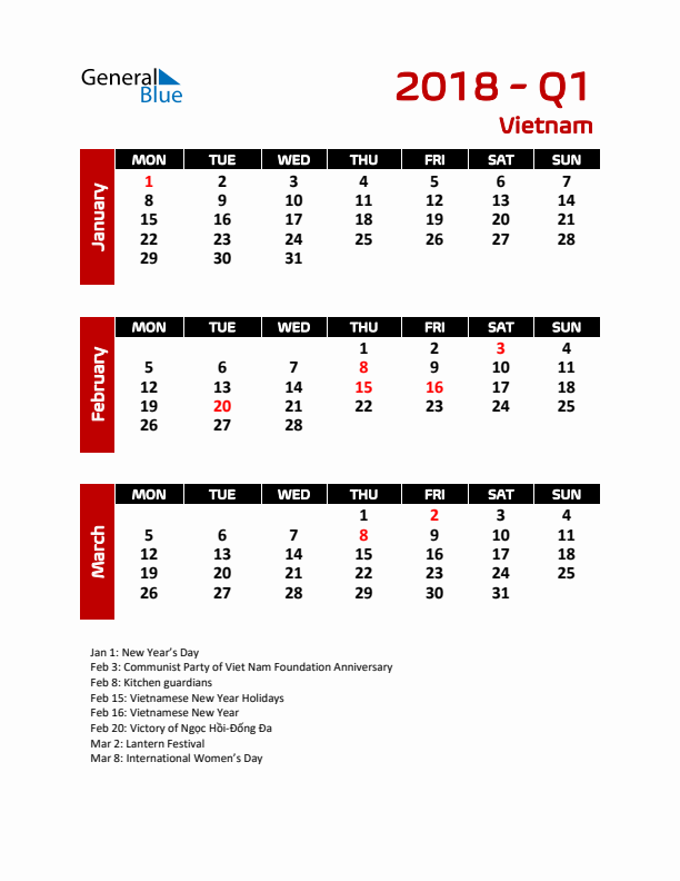 Q1 2018 Calendar with Holidays in Vietnam