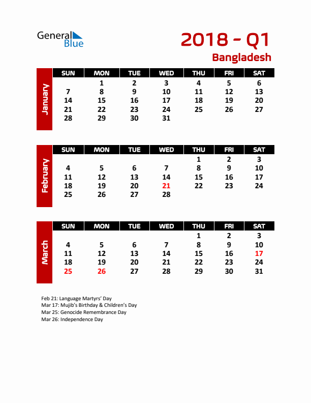 Q1 2018 Calendar with Holidays in Bangladesh