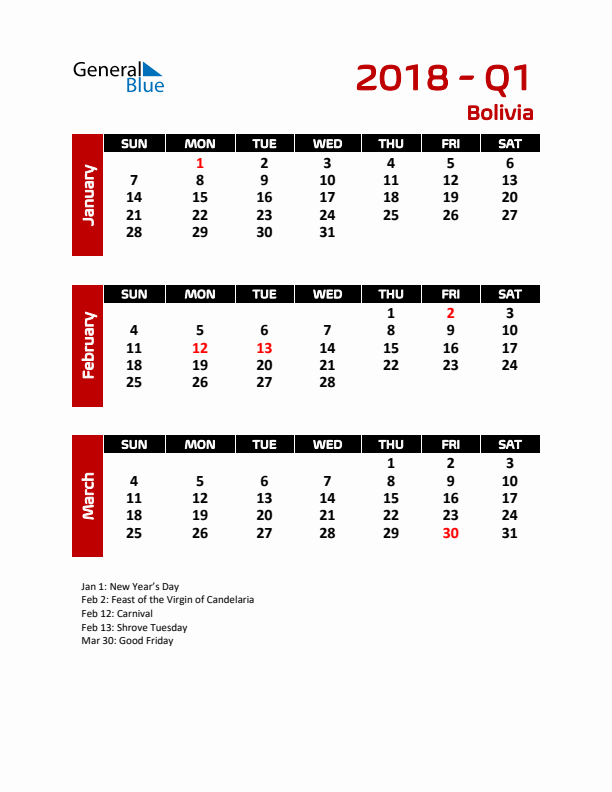 Q1 2018 Calendar with Holidays in Bolivia