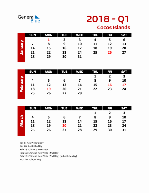 Q1 2018 Calendar with Holidays in Cocos Islands