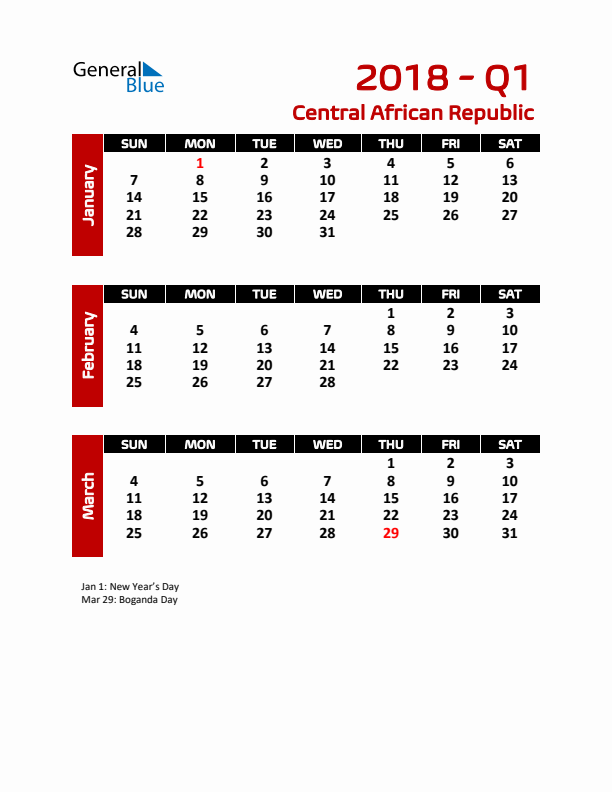 Q1 2018 Calendar with Holidays in Central African Republic