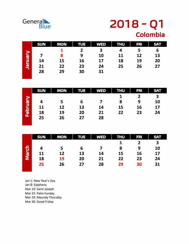 Q1 2018 Calendar with Holidays in Colombia