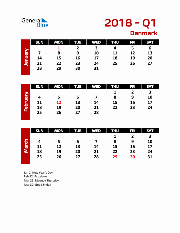 Q1 2018 Calendar with Holidays in Denmark