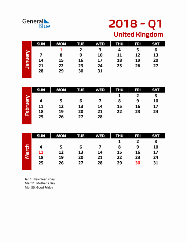 Q1 2018 Calendar with Holidays in United Kingdom