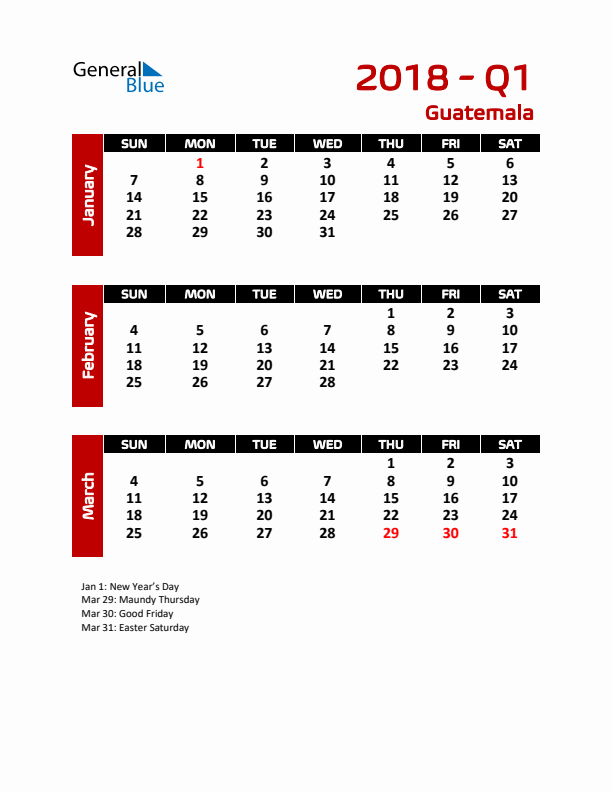 Q1 2018 Calendar with Holidays in Guatemala