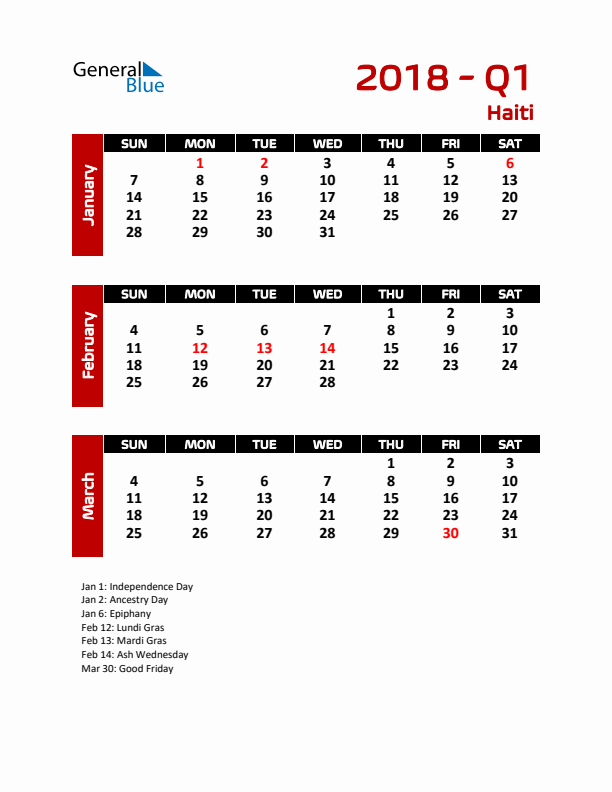 Q1 2018 Calendar with Holidays in Haiti