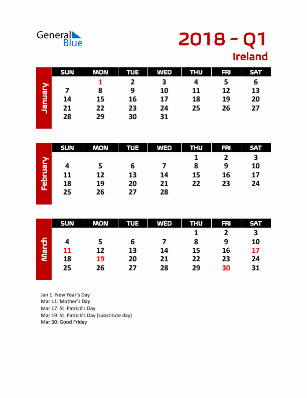 Q1 2018 Calendar with Holidays in Ireland