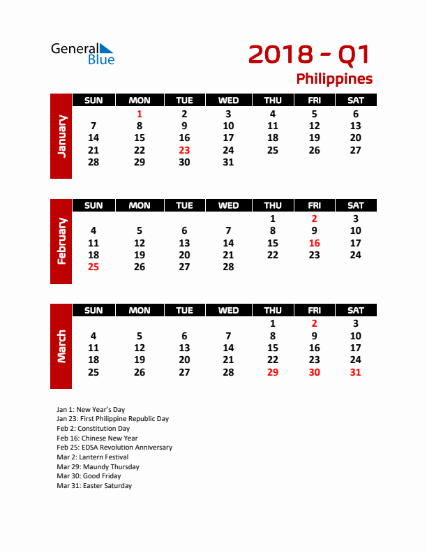 Q1 2018 Calendar with Holidays in Philippines