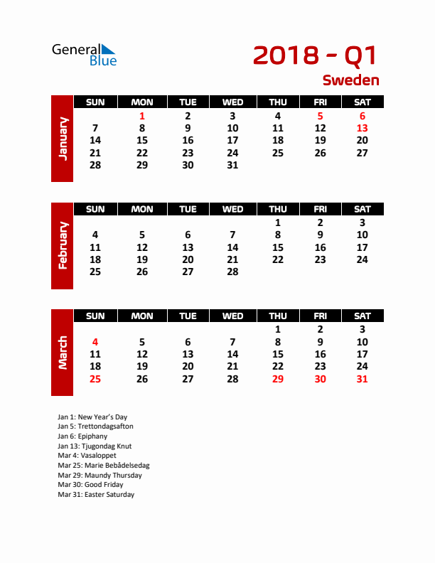 Q1 2018 Calendar with Holidays in Sweden