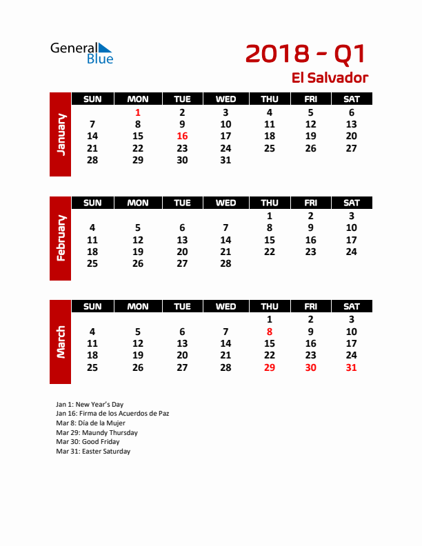 Q1 2018 Calendar with Holidays in El Salvador