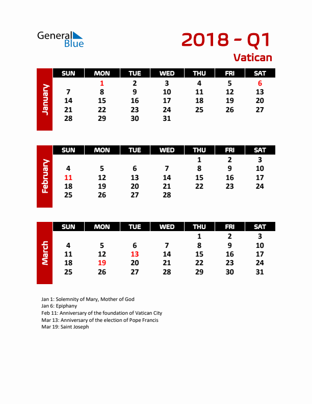 Q1 2018 Calendar with Holidays in Vatican