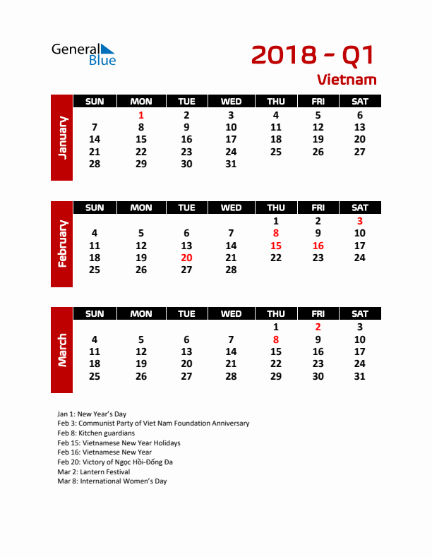 Q1 2018 Calendar with Holidays in Vietnam