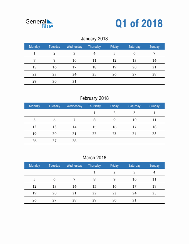 Fillable Quarterly Calendar for Q1 2018