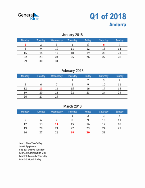 Andorra Q1 2018 Quarterly Calendar with Monday Start