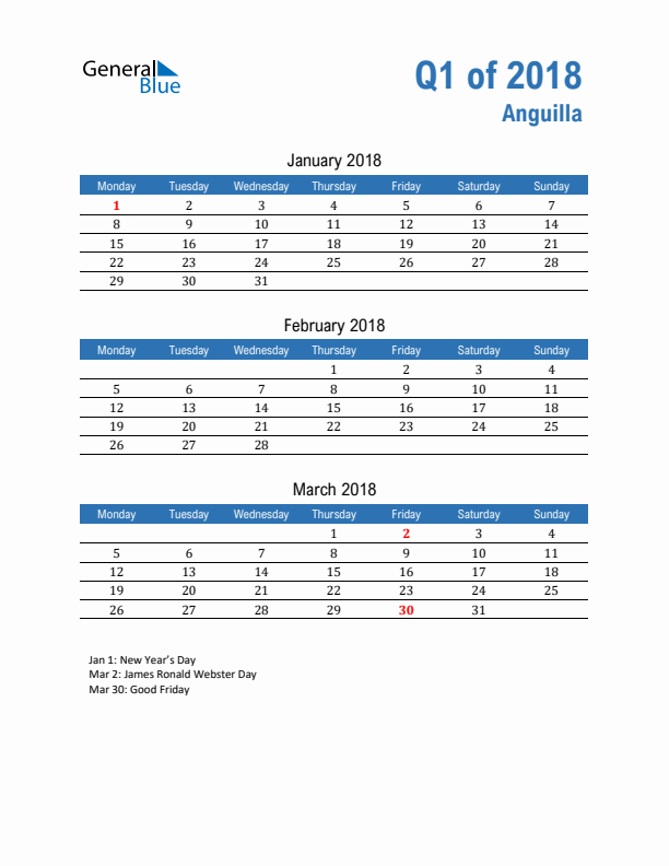 Anguilla Q1 2018 Quarterly Calendar with Monday Start