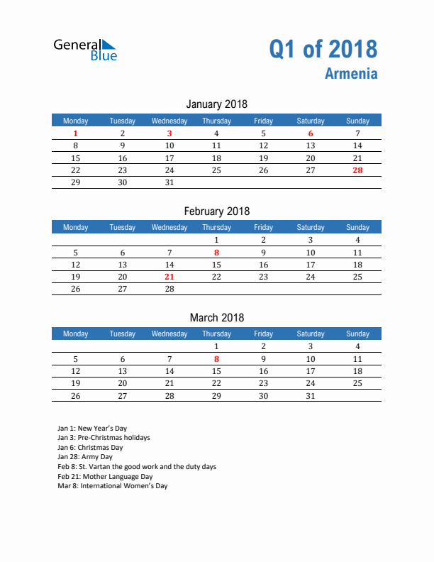 Armenia Q1 2018 Quarterly Calendar with Monday Start