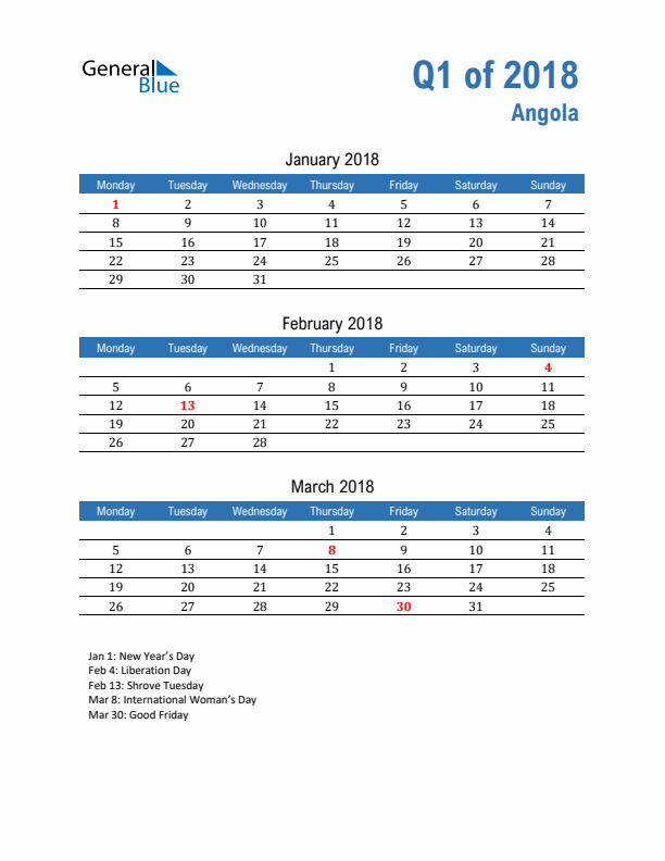 Angola Q1 2018 Quarterly Calendar with Monday Start