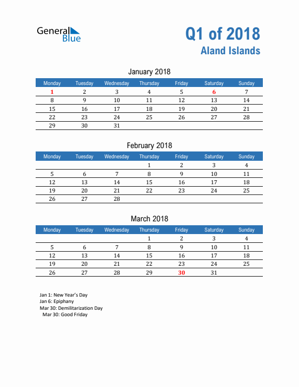 Aland Islands Q1 2018 Quarterly Calendar with Monday Start