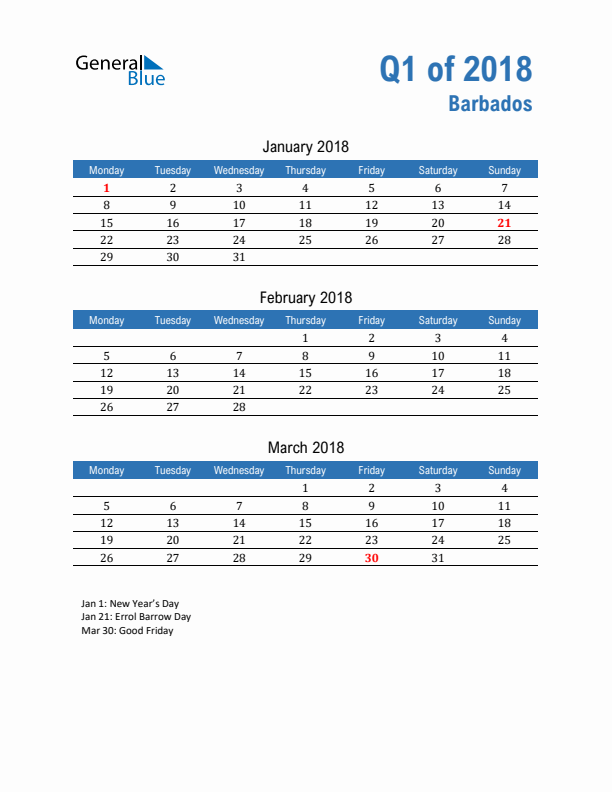 Barbados Q1 2018 Quarterly Calendar with Monday Start