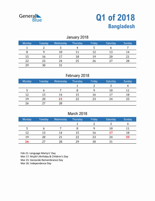 Bangladesh Q1 2018 Quarterly Calendar with Monday Start