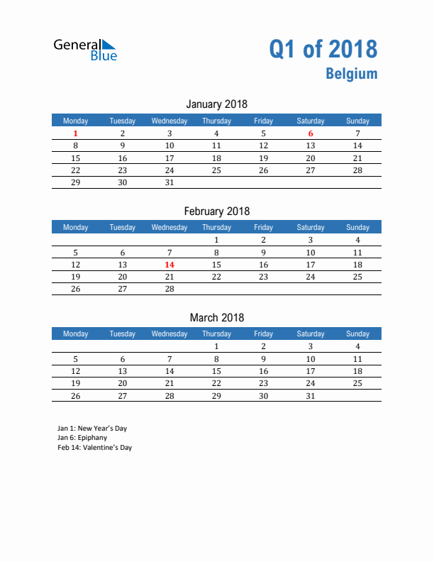 Belgium Q1 2018 Quarterly Calendar with Monday Start