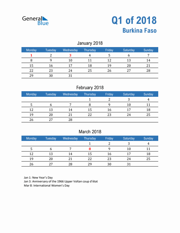 Burkina Faso Q1 2018 Quarterly Calendar with Monday Start